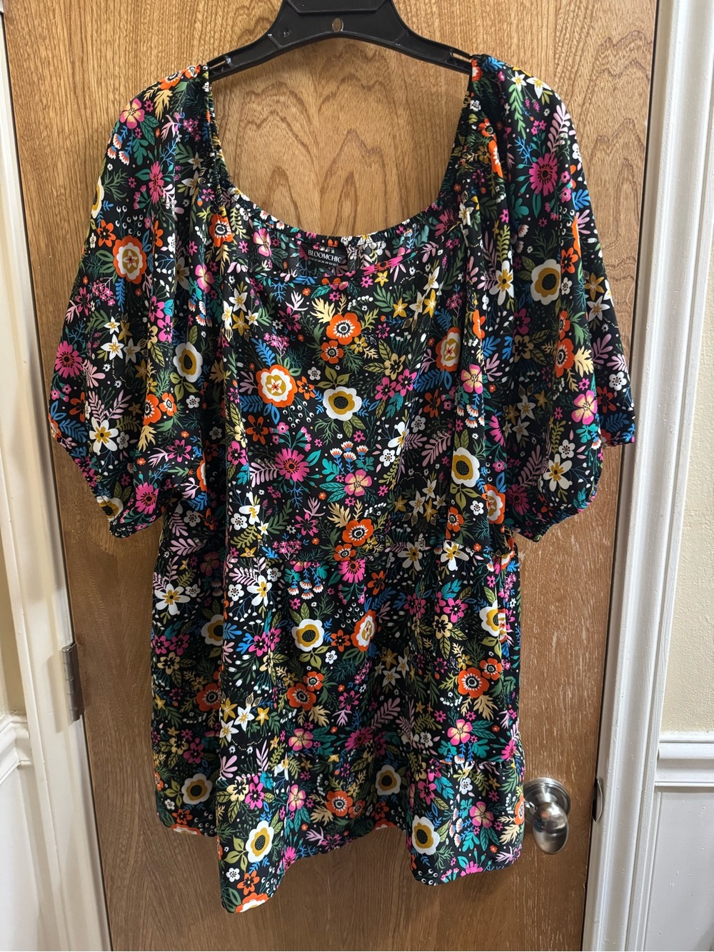 Bloomchic Black Multicolored Floral Square Neck Peplum Blouse US 22-24 Boho